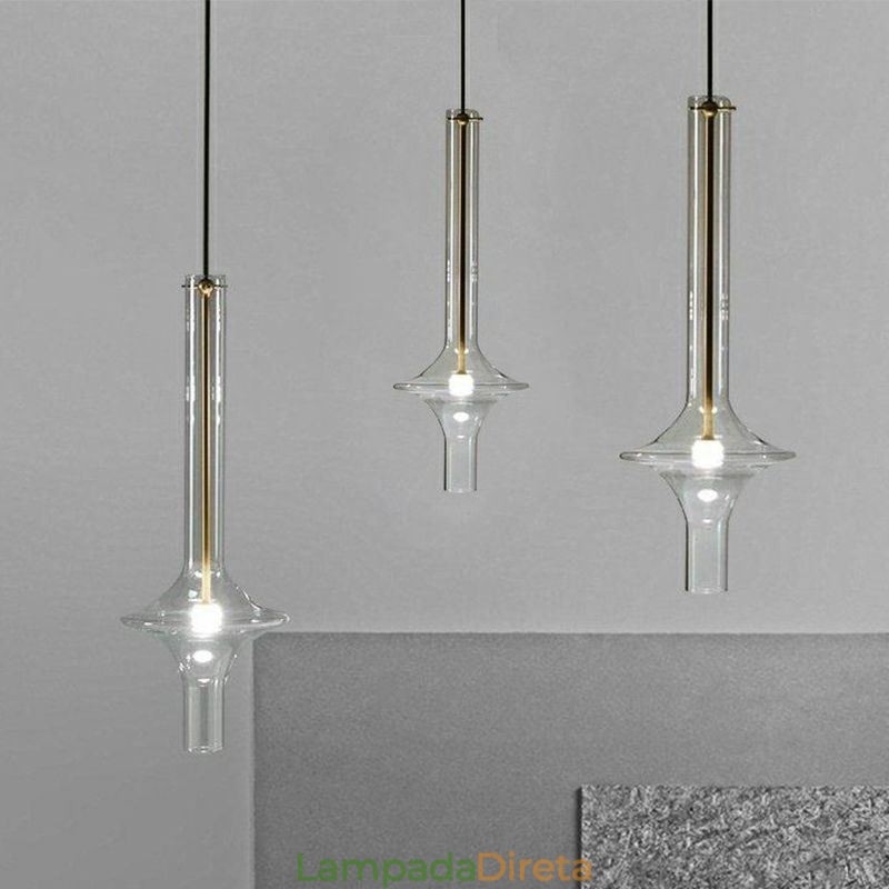 Luminária pendente de tubo de vidro moderna e minimalista em ferro forjado