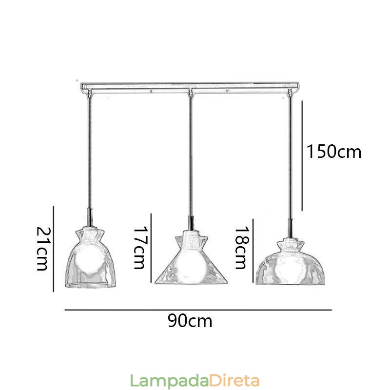 Luminária pendente simples e moderna, vidro permeável à água, 3 luzes de teto, abajur de cabeceira