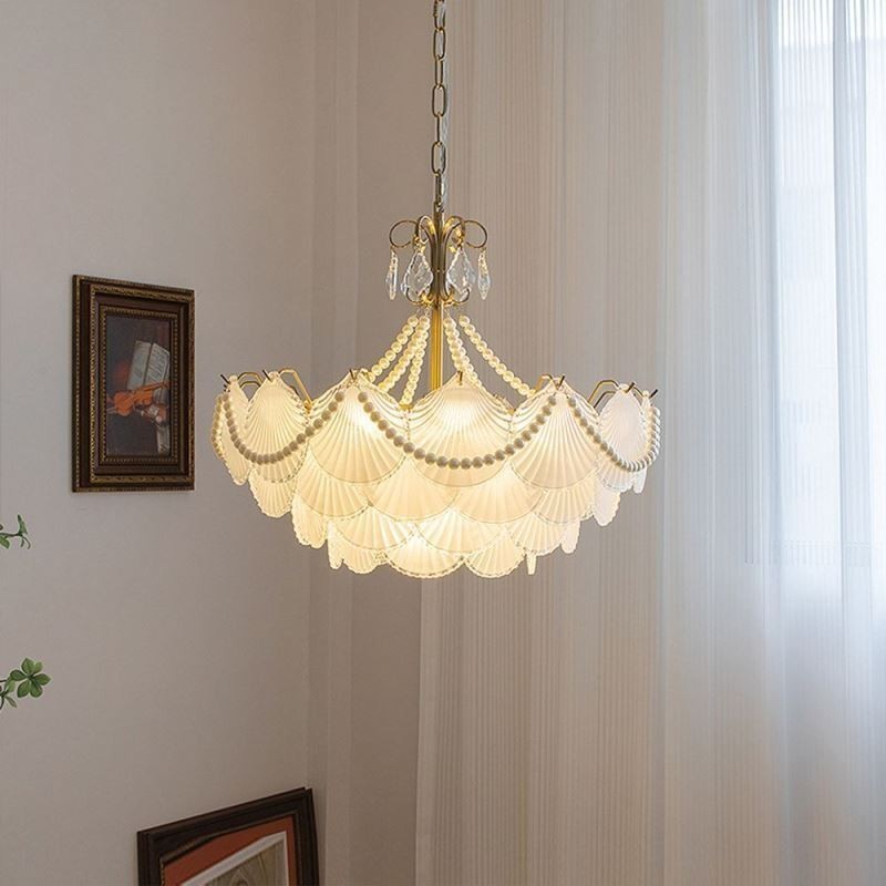 Luminária pendente de vidro europeia, elegante luminária pendente em forma de vieira