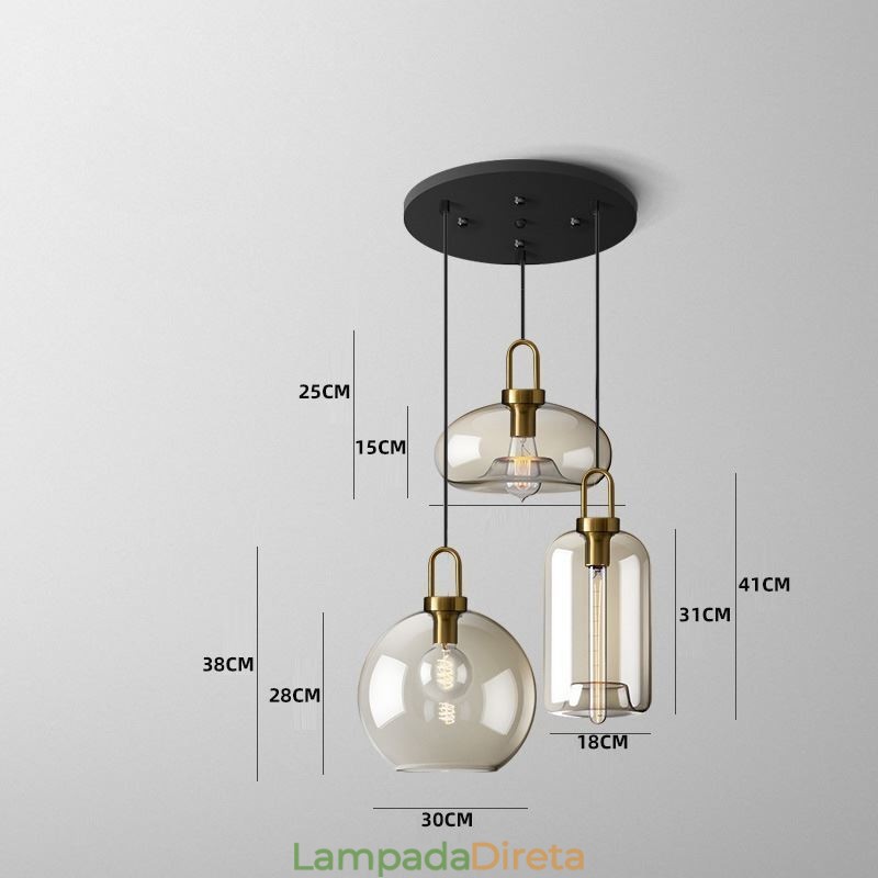 Luminária pendente de 3 luzes com ilha de sombra de vidro