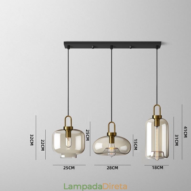 Luminária pendente de 3 luzes com ilha de sombra de vidro
