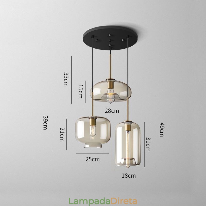 Luminária pendente de vidro com 3 luzes, luminária suspensa clássica para café