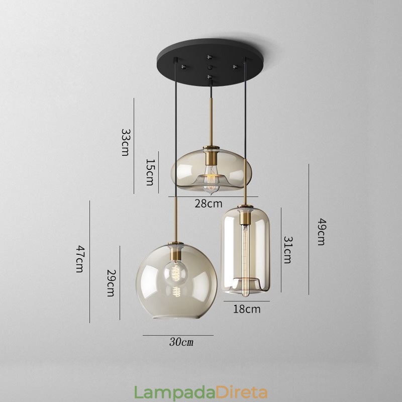 Luminária pendente de vidro com 3 luzes, luminária suspensa clássica para café