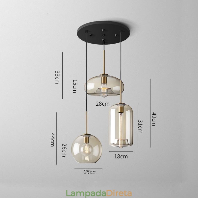 Luminária pendente de vidro com 3 luzes, luminária suspensa clássica para café