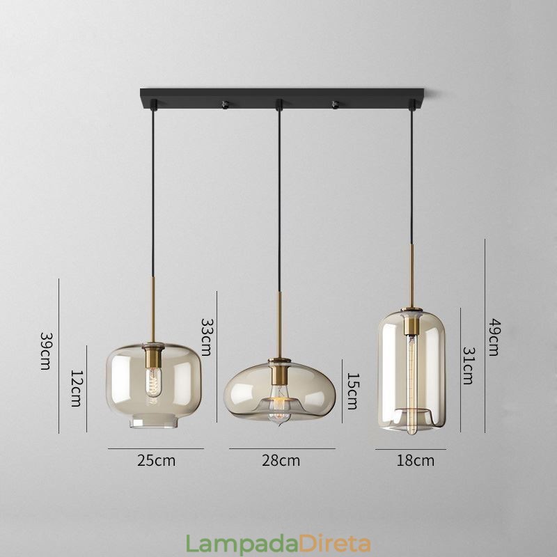 Luminária pendente de vidro com 3 luzes, luminária suspensa clássica para café
