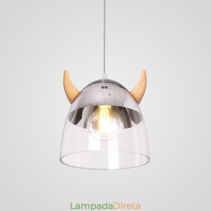 Luminária pendente de vidro clássica, lâmpada de chifre de madeira, iluminação criativa