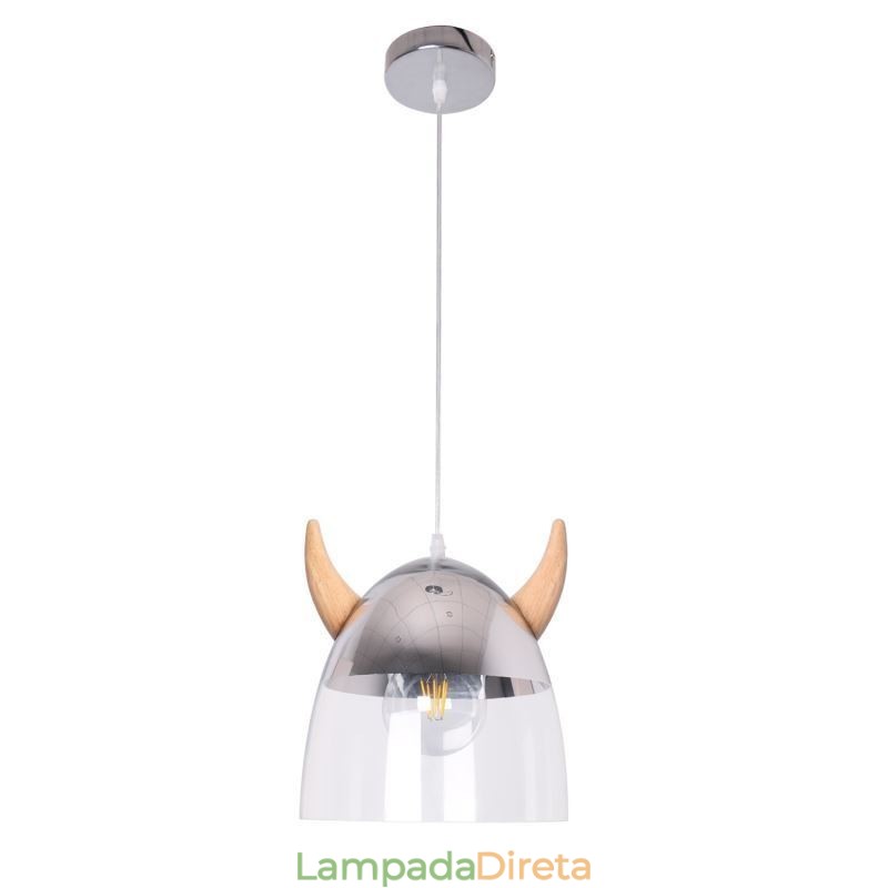 Luminária pendente de vidro clássica, lâmpada de chifre de madeira, iluminação criativa