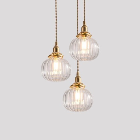 Luminária pendente de vidro transparente redonda com nervuras em formato de abóbora 1 luz