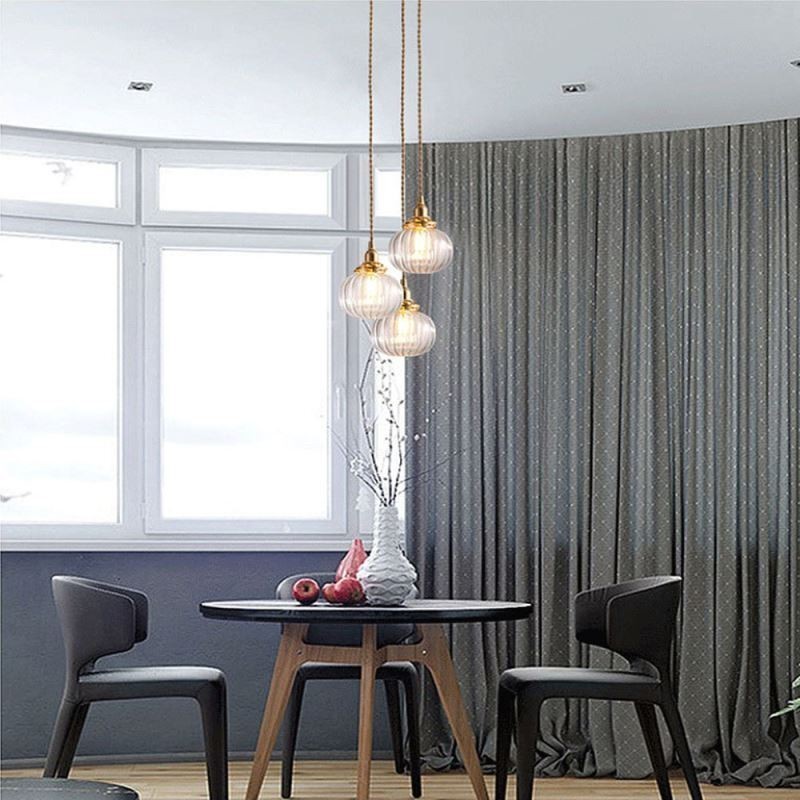 Luminária pendente de vidro transparente redonda com nervuras em formato de abóbora 1 luz