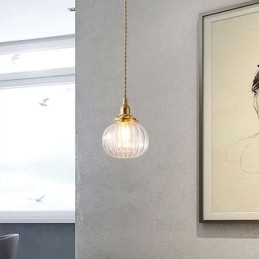 Luminária pendente de vidro transparente redonda com nervuras em formato de abóbora 1 luz