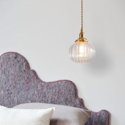 Luminária pendente de vidro transparente redonda com nervuras em formato de abóbora 1 luz