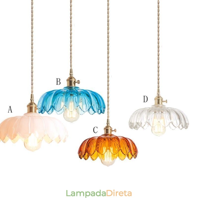 Luminária pendente de vidro retrô moderna com abajur de flores e interruptor giratório
