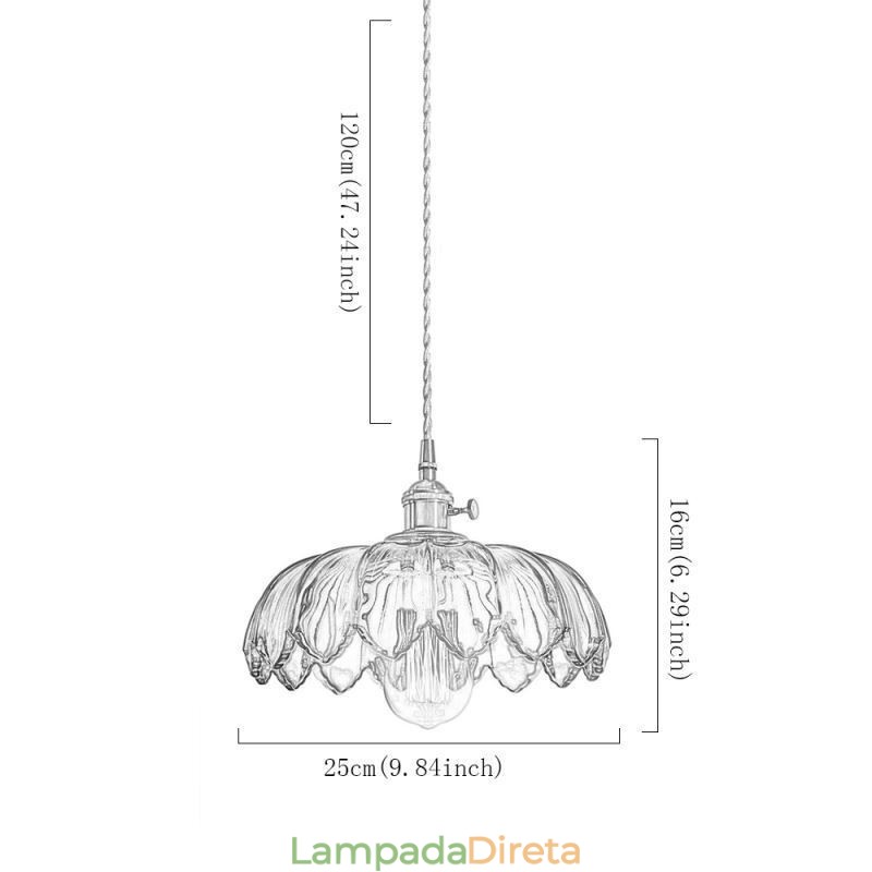 Luminária pendente de vidro retrô moderna com abajur de flores e interruptor giratório