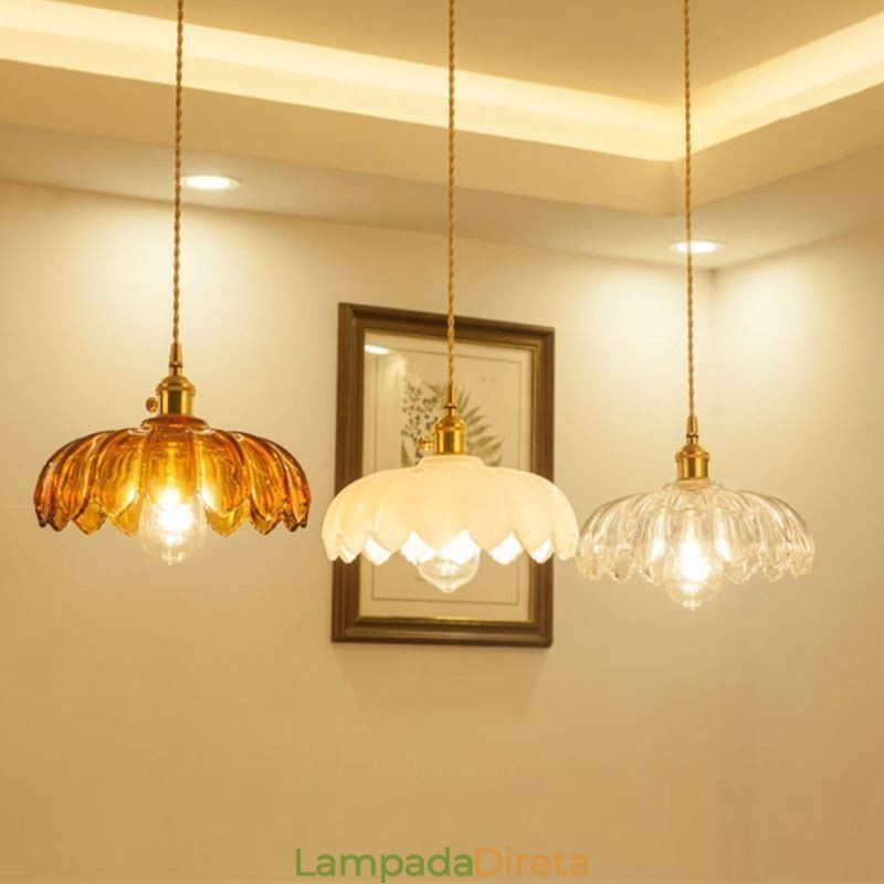 Luminária pendente de vidro retrô moderna com abajur de flores e interruptor giratório