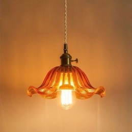 Luminária pendente de vidro com nervuras coloridas vintage, abajur com abajur e interruptor giratório