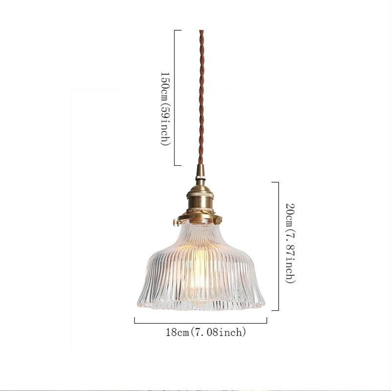 Luminária pendente grande de vidro transparente com nervuras e suporte de latão com interruptor giratório