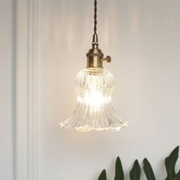 Luminária pendente de vidro transparente com nervuras em forma de flor com interruptor giratório