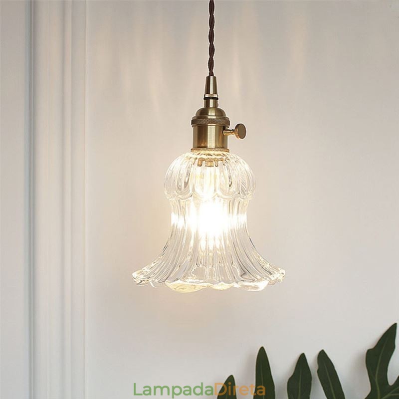 Luminária pendente de vidro transparente com nervuras em forma de flor com interruptor giratório