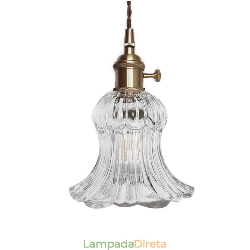 Luminária pendente de vidro transparente com nervuras em forma de flor com interruptor giratório