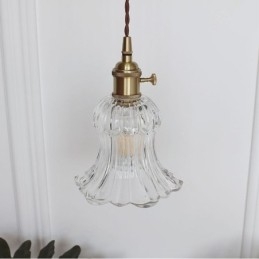 Luminária pendente de vidro transparente com nervuras em forma de flor com interruptor giratório