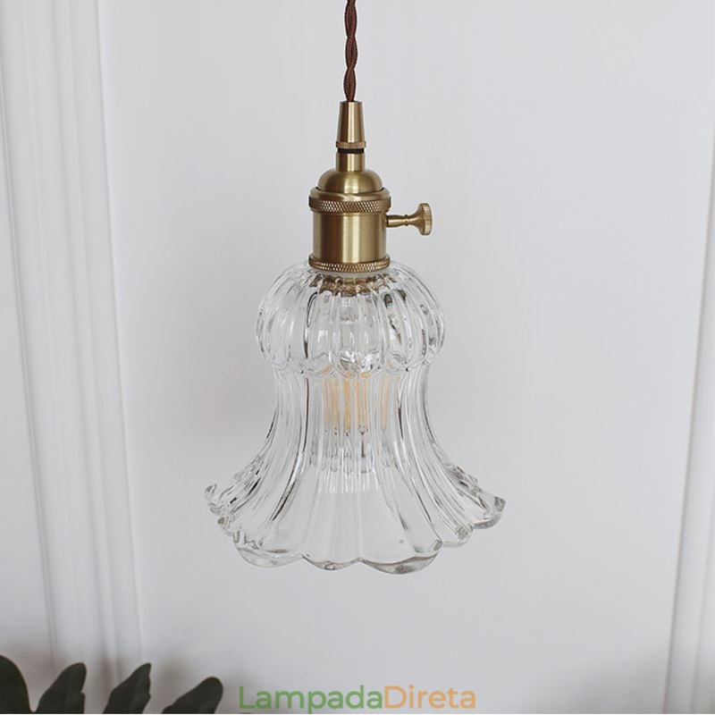 Luminária pendente de vidro transparente com nervuras em forma de flor com interruptor giratório