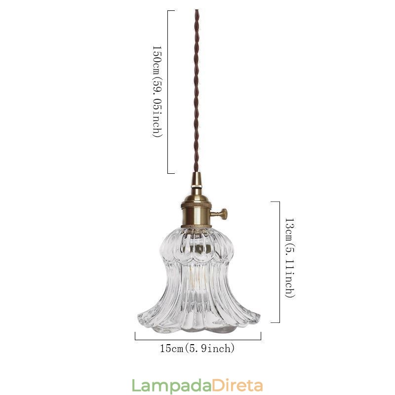 Luminária pendente de vidro transparente com nervuras em forma de flor com interruptor giratório