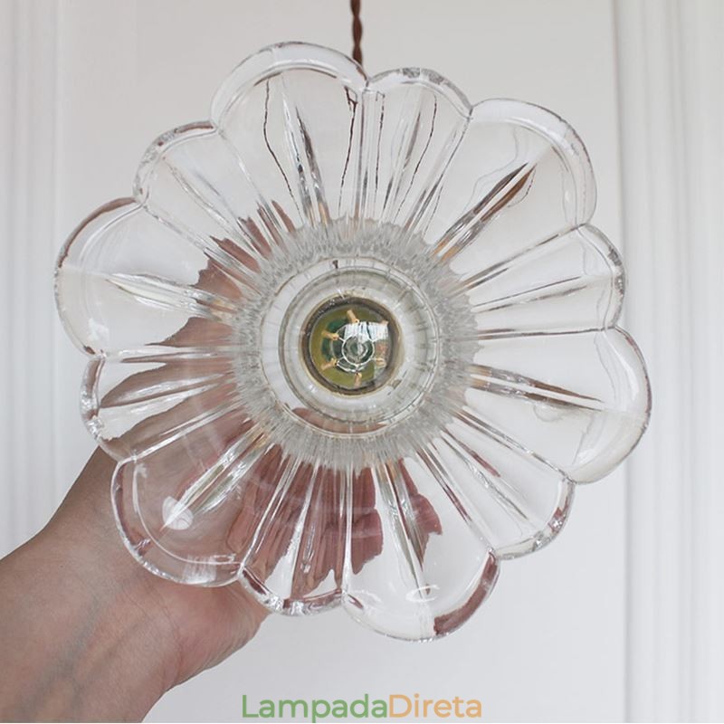 Luminária pendente de vidro transparente com nervuras em forma de flor com interruptor giratório