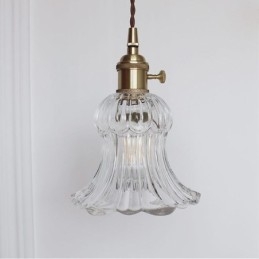Luminária pendente de vidro transparente com nervuras em forma de flor com interruptor giratório