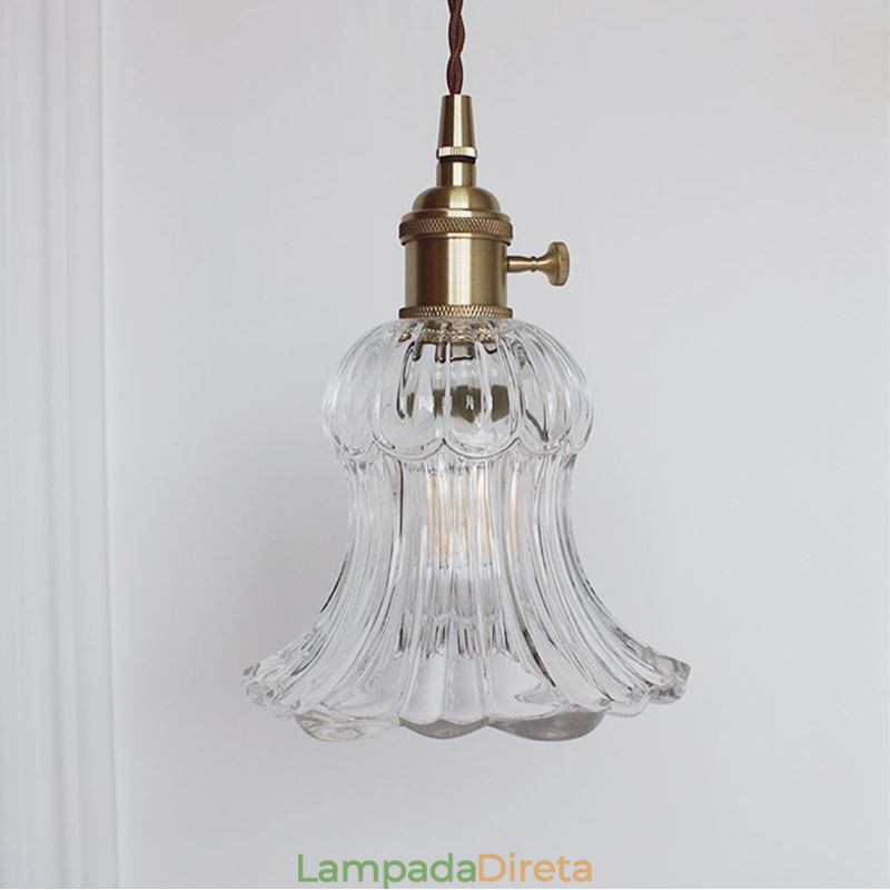 Luminária pendente de vidro transparente com nervuras em forma de flor com interruptor giratório