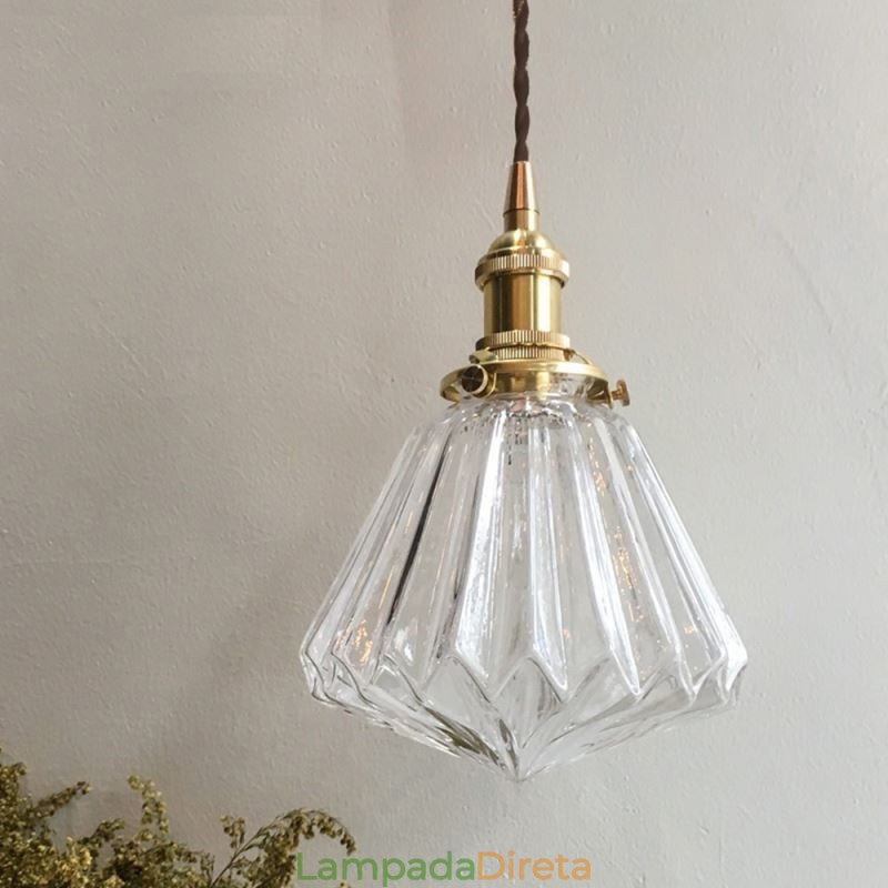 Luminária pendente de vidro com nervuras em diamante transparente