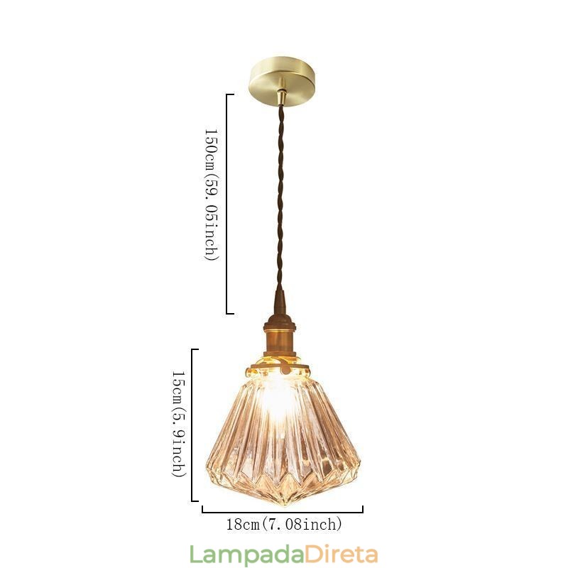 Luminária pendente de vidro com nervuras em diamante transparente