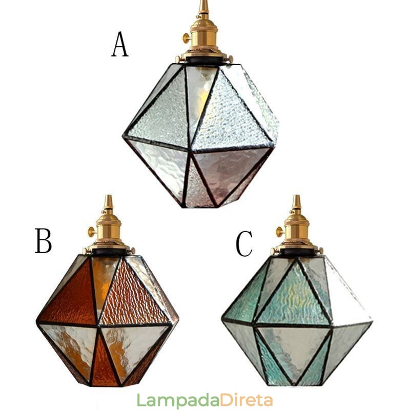 Luminária pendente geométrica de vidro colorido estilo fazenda