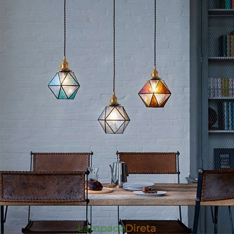Luminária pendente geométrica de vidro colorido estilo fazenda