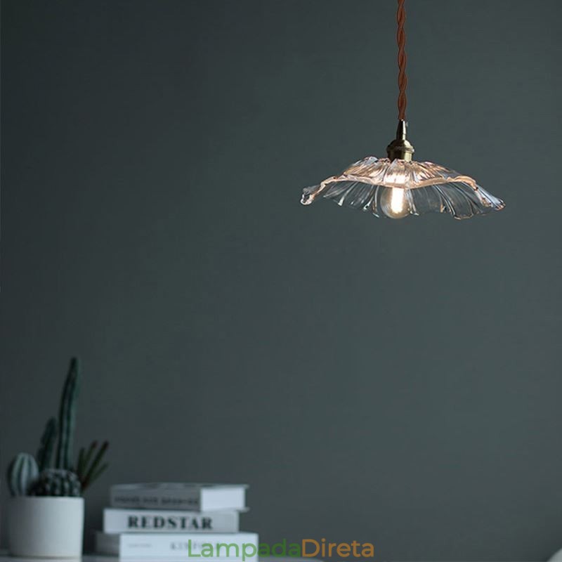 Luminária pendente de vidro transparente com nervuras de folha de lótus Lâmpada Homestay