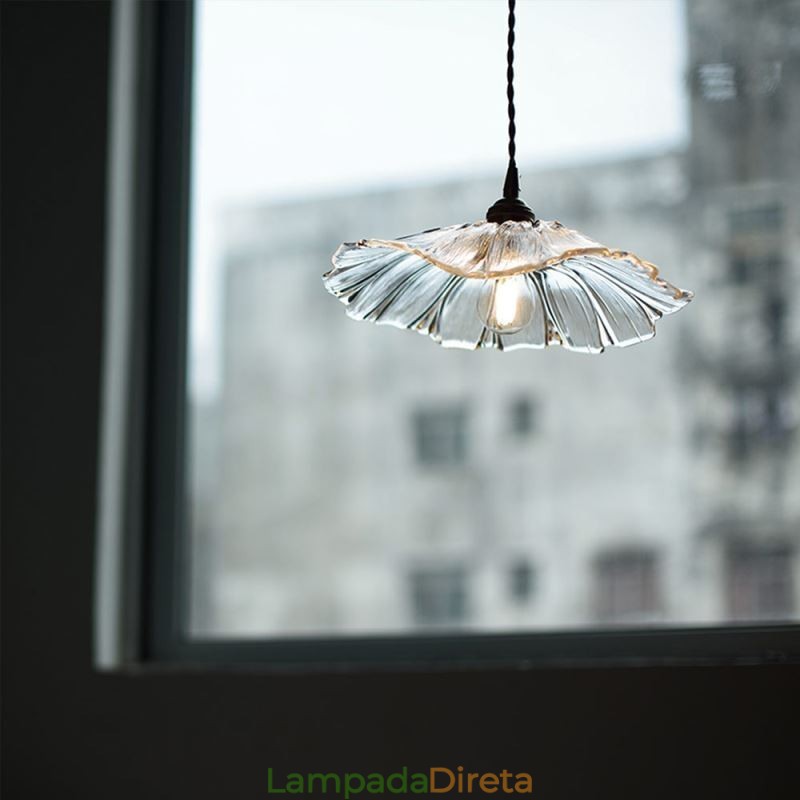 Luminária pendente de vidro transparente com nervuras de folha de lótus Lâmpada Homestay