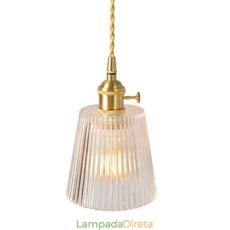 Luminária pendente de vidro com nervuras de latão, cone de abajur com interruptor giratório Luminária pendente de vidro com nervuras de latão, cone de abajur com interruptor giratório