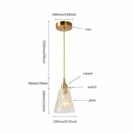 Luminária pendente quadrada de vidro transparente com nervuras, luminária de latão com interruptor giratório