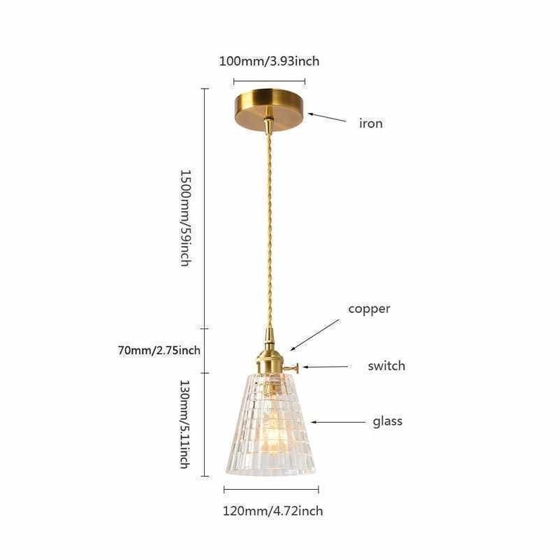 Luminária pendente quadrada de vidro transparente com nervuras, luminária de latão com interruptor giratório