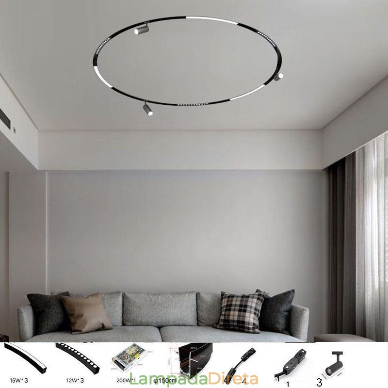 Luminária Circular Magnética de Trilho Rebaixada Holofote Decorativo 150cm