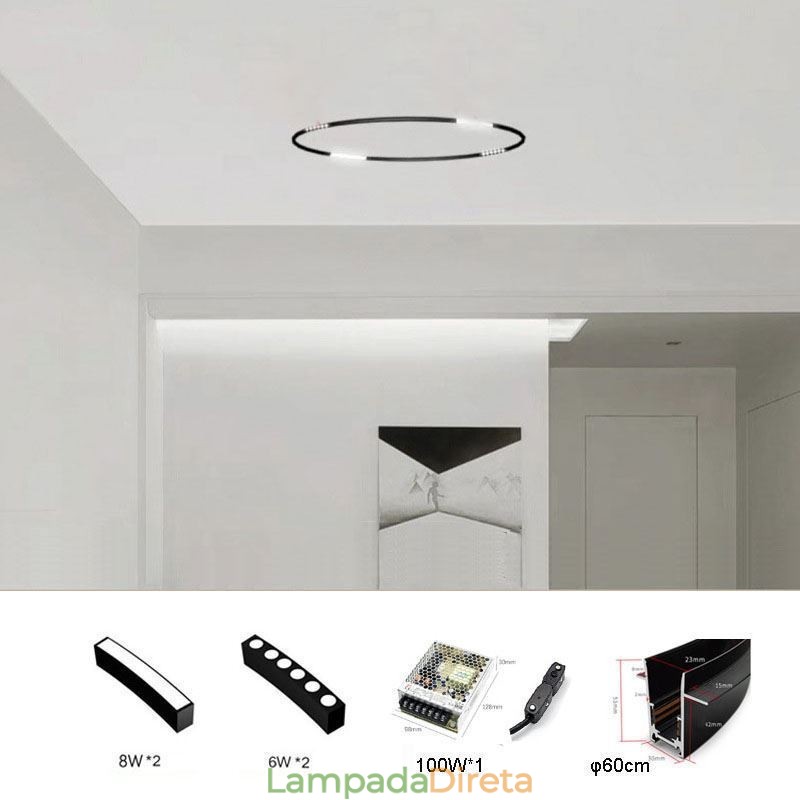Luminária Circular de Trilho Magnética Recesso Spotlight Luz Decorativa 60cm