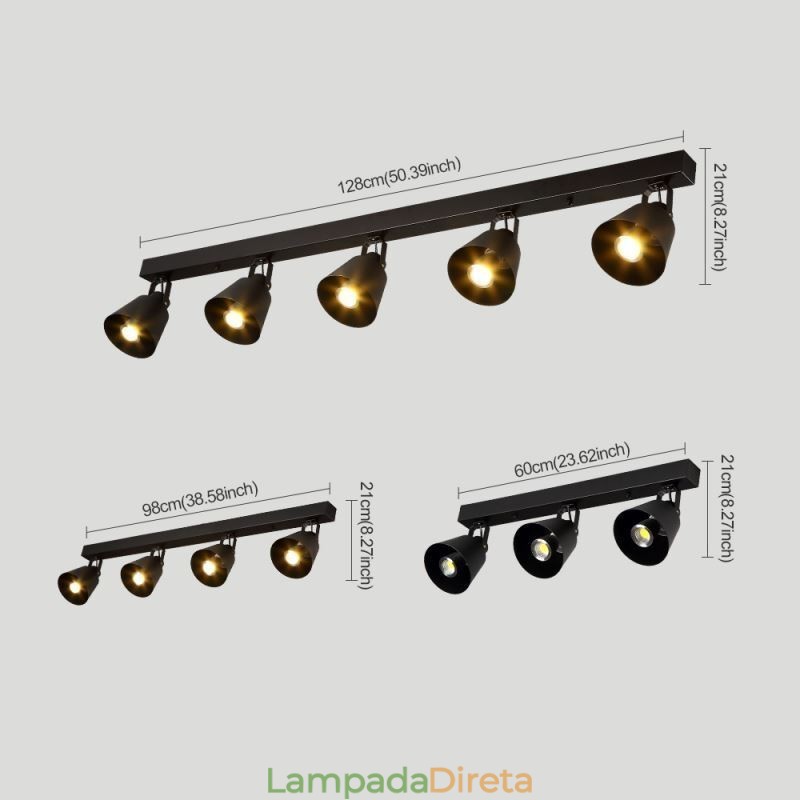 Iluminação de trilho de ferro industrial com holofotes vintage rústicos