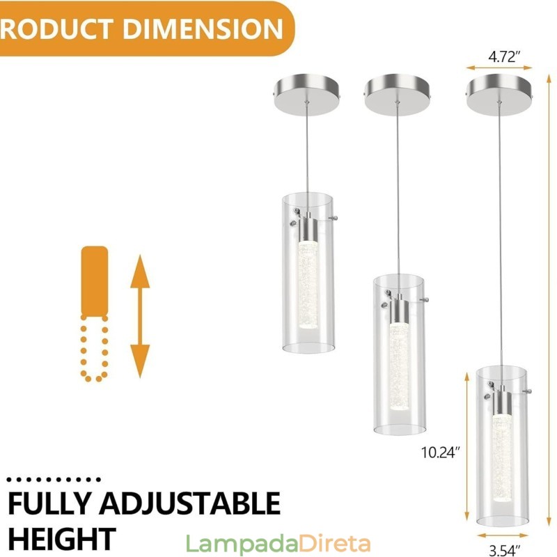 Luminária pendente artística de 3 luzes com cúpulas de vidro e base de lâmpada G4