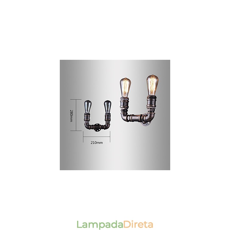 Luminária de parede vintage de metal com tubo de água e lâmpada Edison