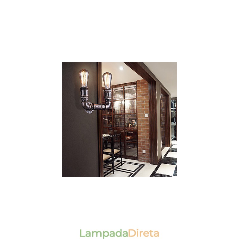 Luminária de parede vintage de metal com tubo de água e lâmpada Edison