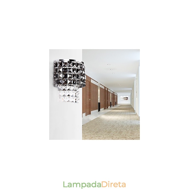 Luminária de parede moderna com abajur de tecido, placa de metal, cristal, estilo de decoração