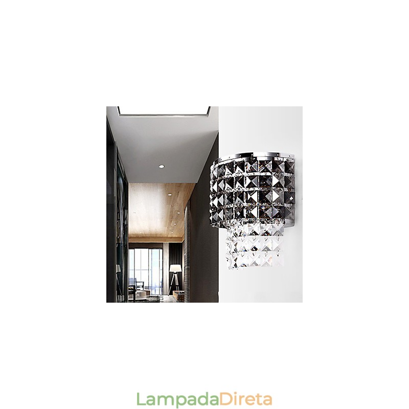 Luminária de parede moderna com abajur de tecido, placa de metal, cristal, estilo de decoração