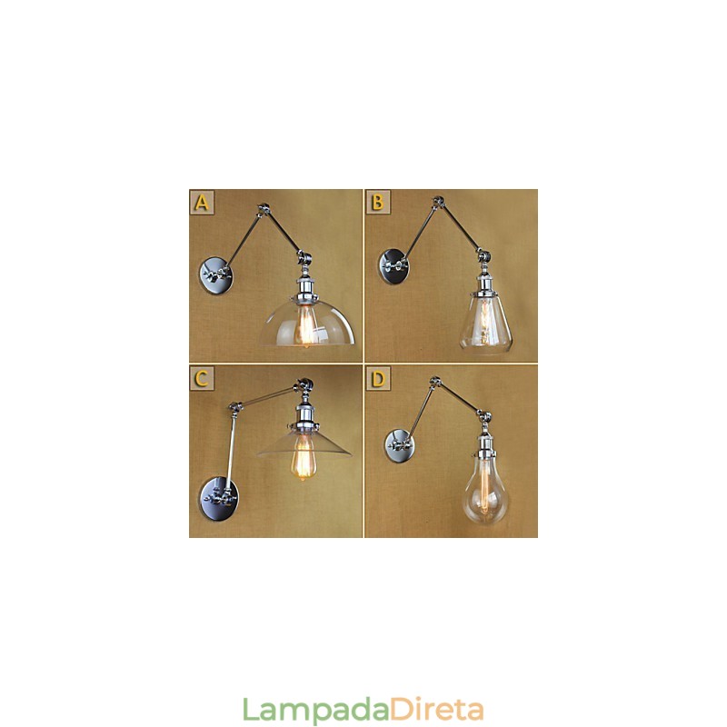Luminária de parede retrô telescópica de vidro cromado