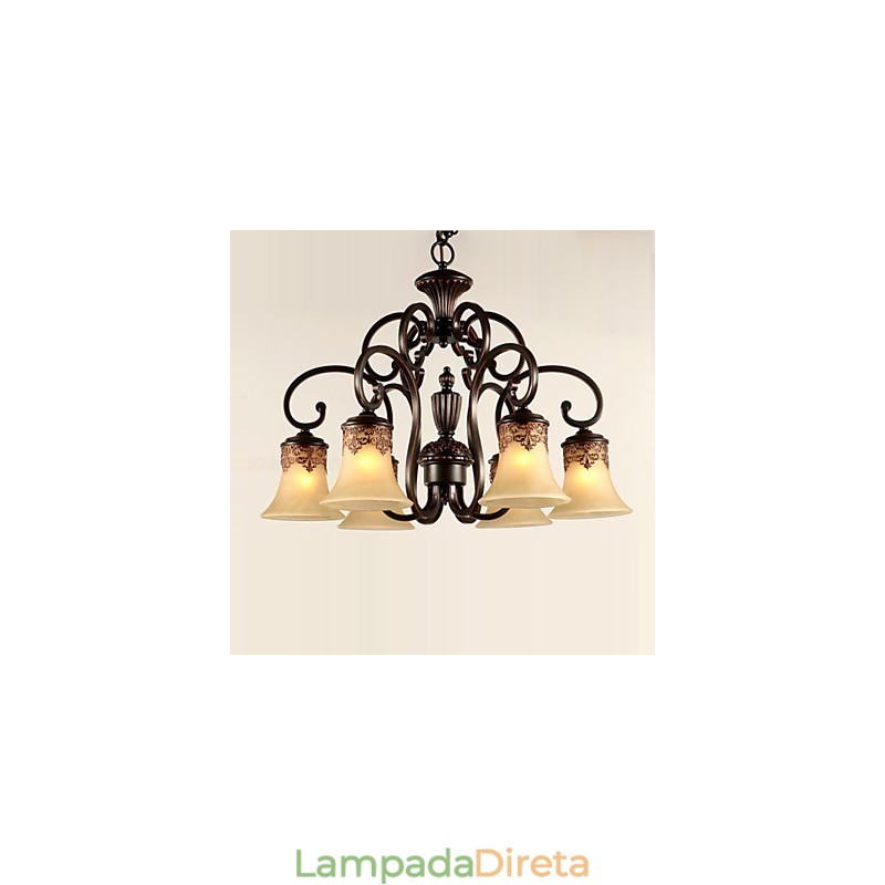 Lustre Pendente Luz 6 Luzes Abajur Para Baixo Vintage Country Metal+Vidro