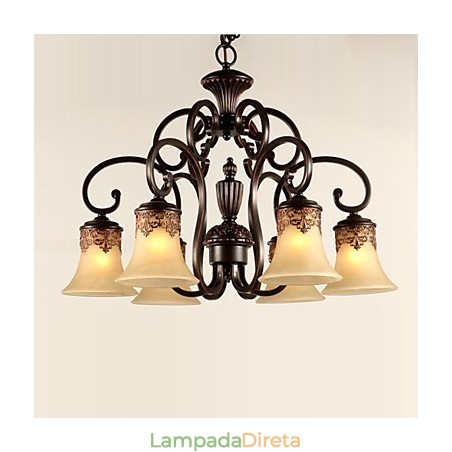 Lustre Pendente Luz 6 Luzes Abajur Para Baixo Vintage Country Metal+Vidro Lustre Pendente Luz 6 Luzes Abajur Para Baixo Vintage Country Metal+Vidro