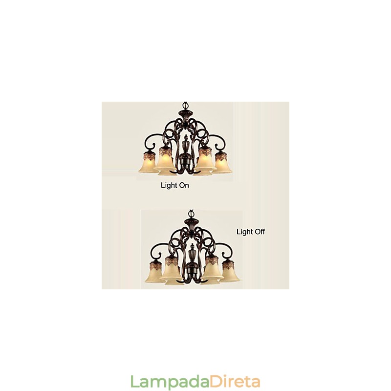 Lustre Pendente Luz 6 Luzes Abajur Para Baixo Vintage Country Metal+Vidro